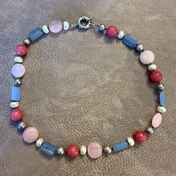 Genuine semi-precious beads & pearl silver necklace 18 inch handmade in Italy - Picture 2 of 5